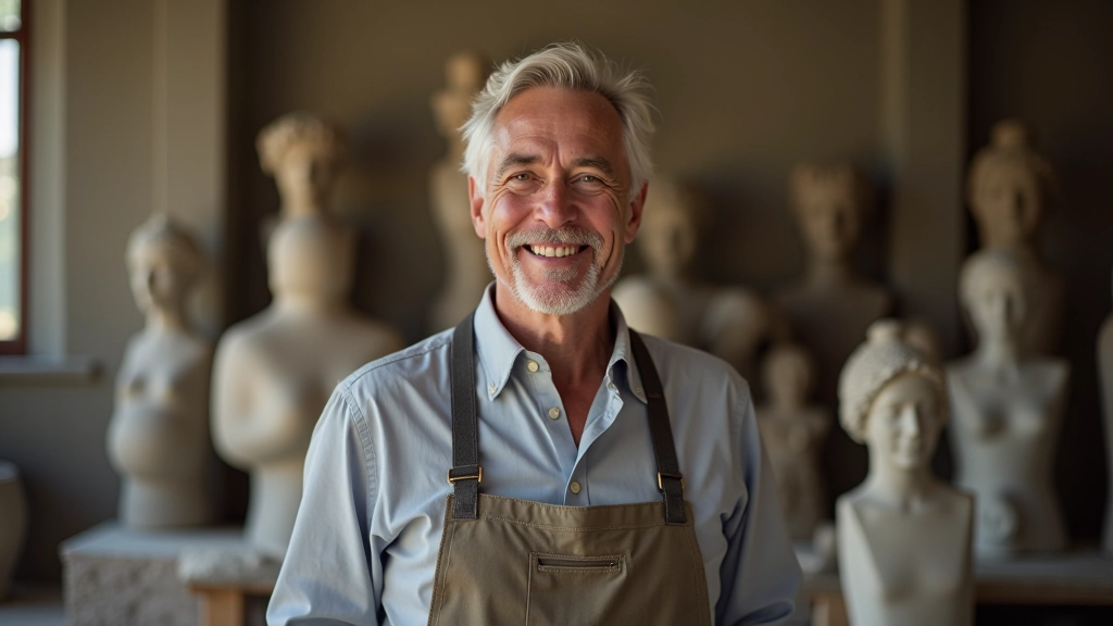 Portrait of a satisfied participant in their workshop space, surrounded by their finished carved stone sculptures, natural light illuminating their work