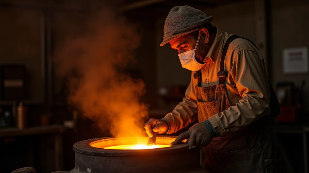 Artisan pouring molten bronze into ceramic mold, protective gear visible, foundry workshop backdrop
