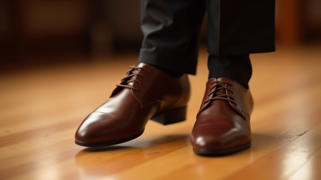 Close-up of comfortable dance shoes on wooden dance floor, showing proper footwear for Latin dancing