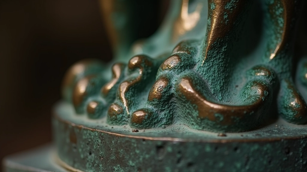 Close-up detail of finished bronze sculpture surface showing texture and patina coloring