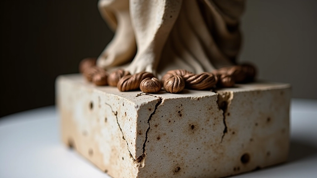 Detail view of a mixed media sculpture showing carved stone base with embedded bronze elements and copper wire extensions