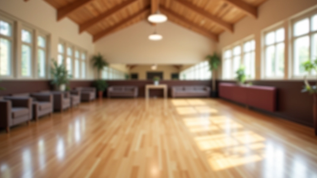Welcoming community center space with dance floor, studio lighting, and chairs arranged for partner dancing events