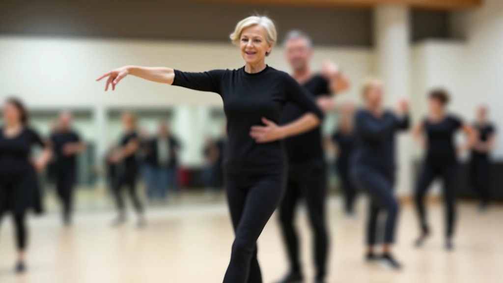 Instructor demonstrating basic salsa step to a group of mature students in a dance studio with mirrors