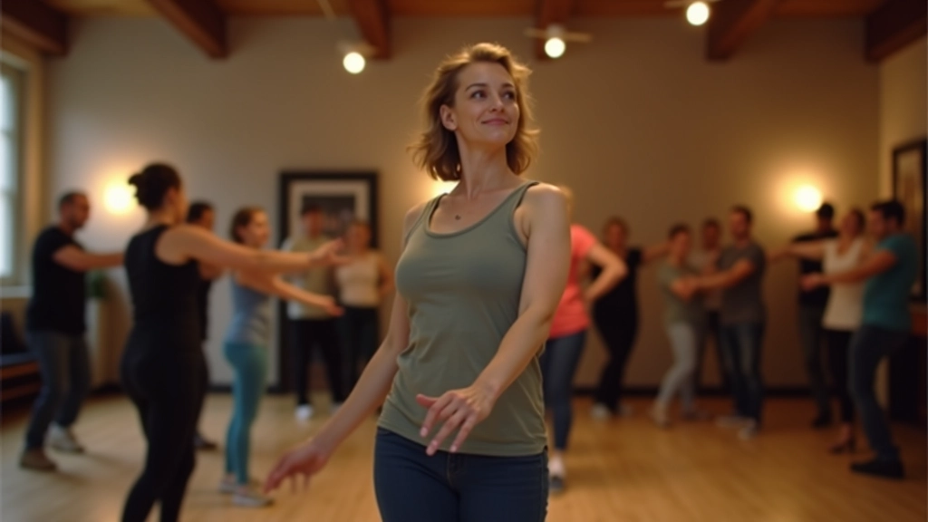 Instructor demonstrating proper posture and hip movement during bachata class with attentive students