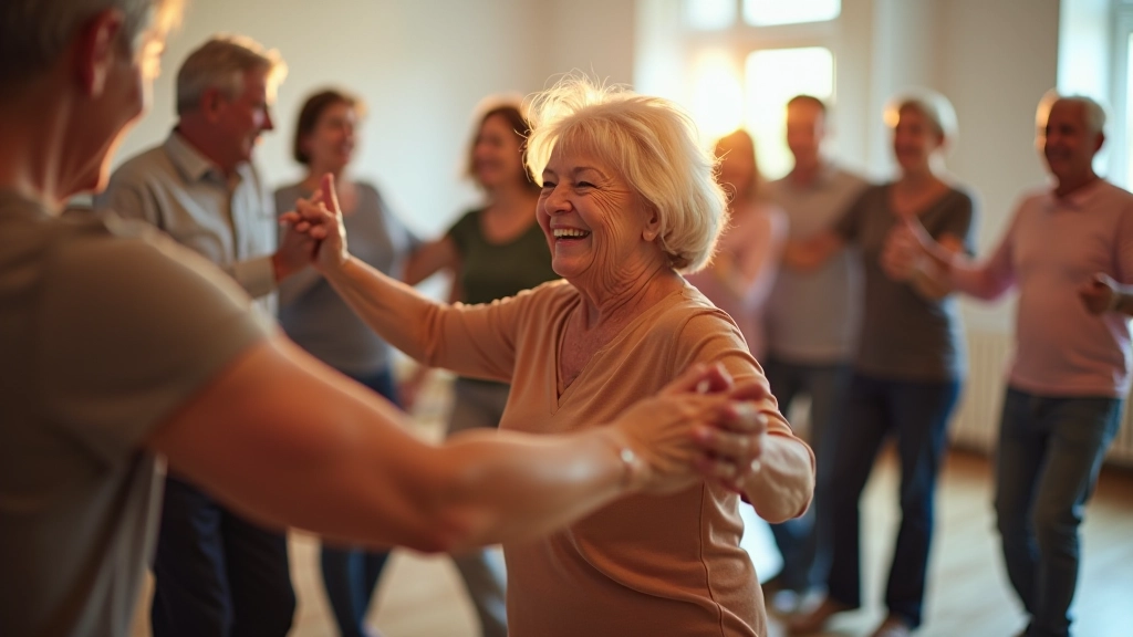 Diverse group of seniors dancing together in a bright, energetic dance hall