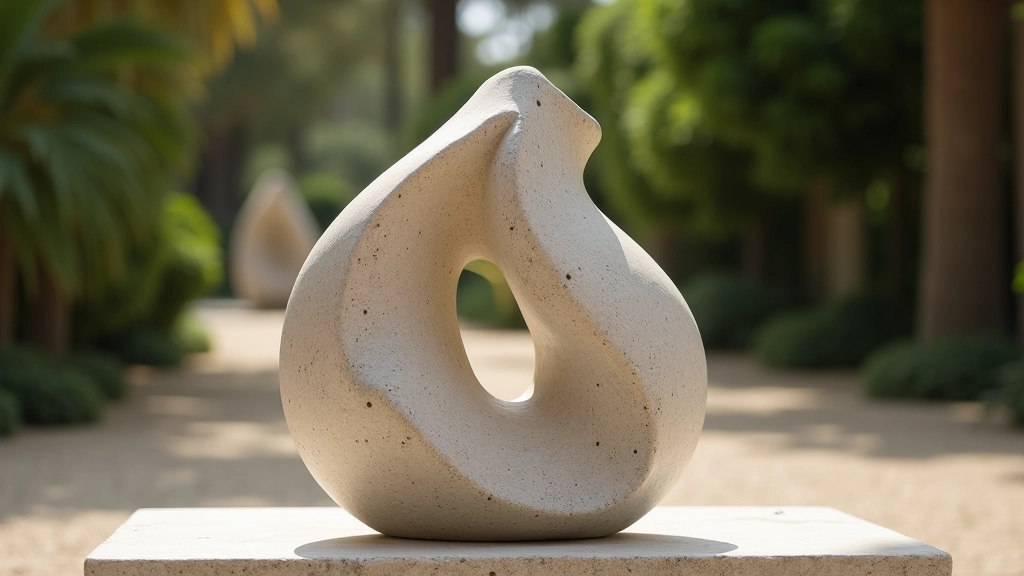A finished limestone sculpture of abstract flowing form displayed in natural sunlight, showing the smooth contours achieved through traditional carving techniques