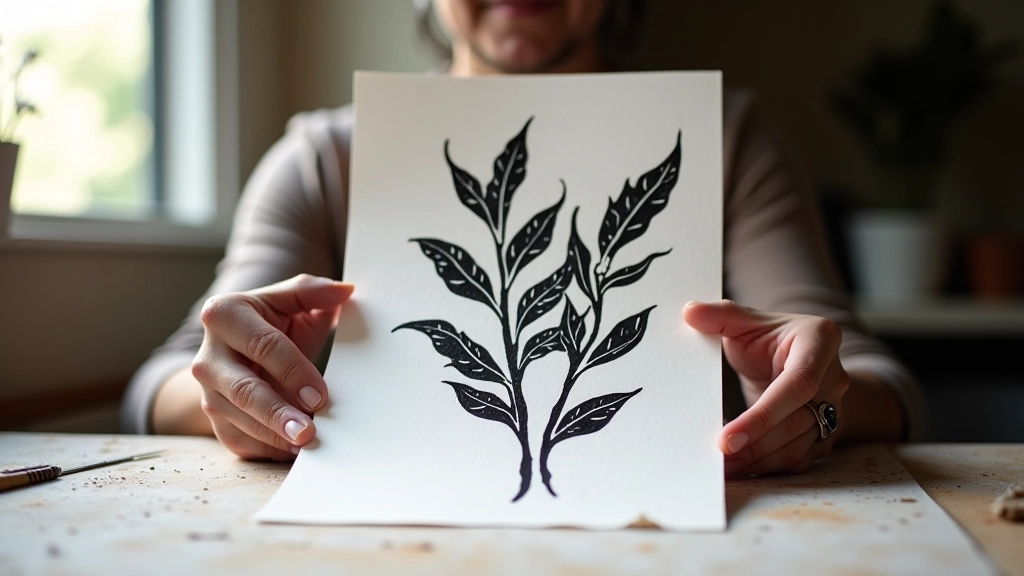Finished linocut print displayed showing bold black and white design with clear line work