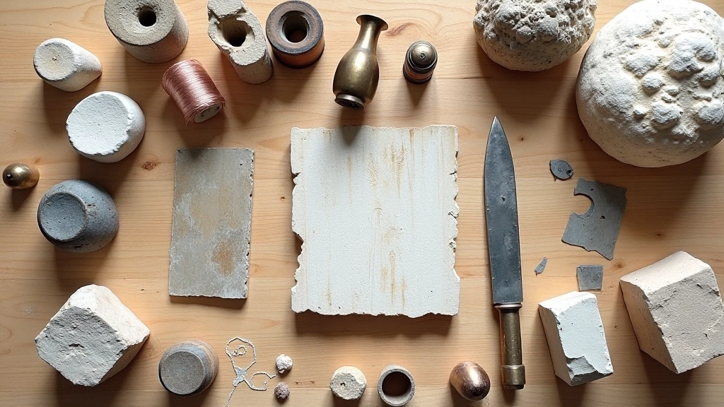 Array of materials used in mixed media sculpture including stone samples, bronze pieces, copper wire, and found objects arranged on workspace