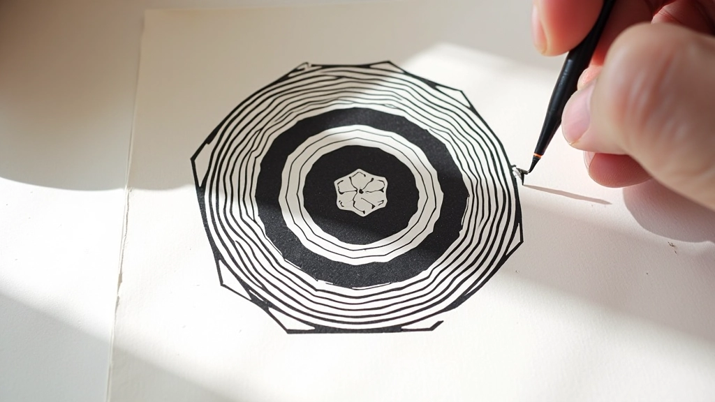 Geometric linocut print with concentric circles and angular patterns in high contrast black and white