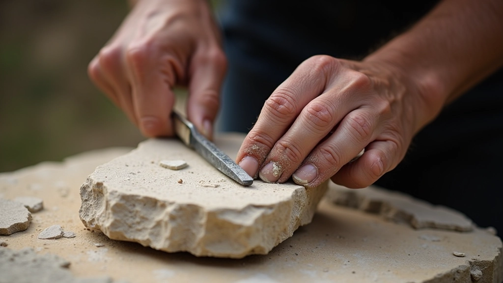 Hands carefully carving detail into smooth stone with chisel and hammer