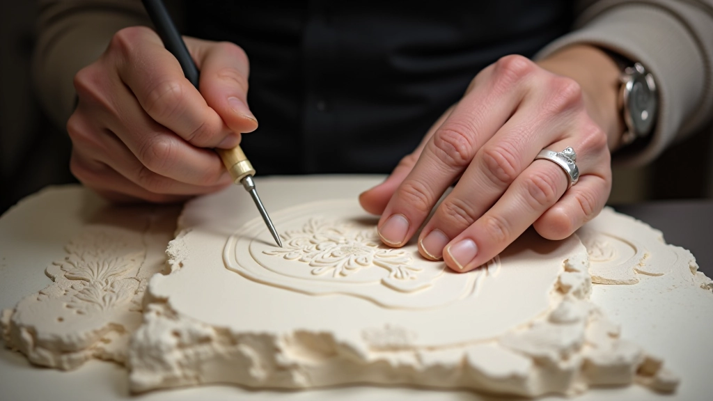 Close-up of hands carefully carving linoleum block with fine detail tools
