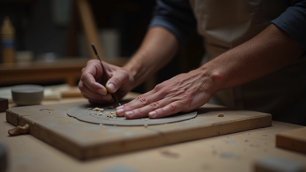 Sculptor's hands working with mixed materials including wood, clay, and metal on a workspace
