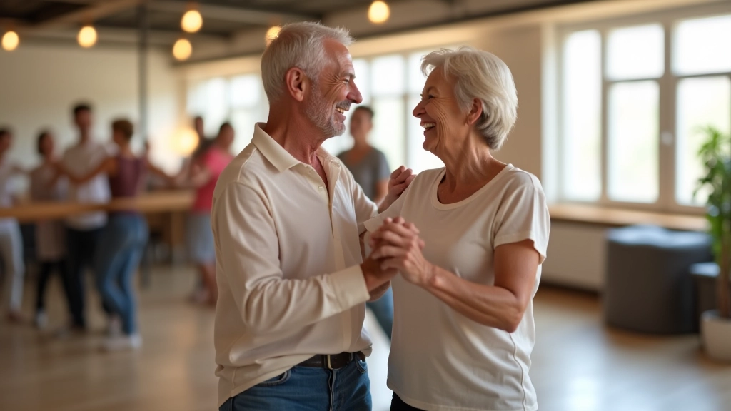 Mature adults enjoying partner dancing together in a bright, welcoming dance studio