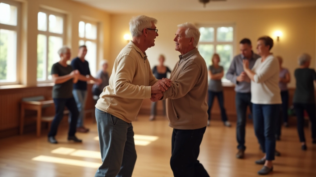 Group of mature adults in casual attire dancing together in a bright community hall