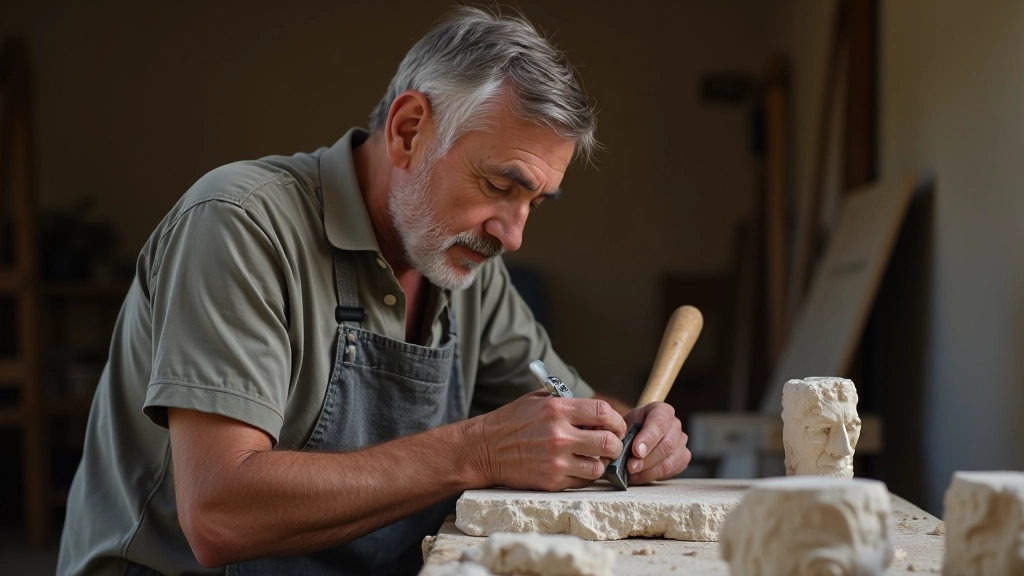 Senior artist working on stone carving with chisel and hammer, concentrated expression, studio workshop setting