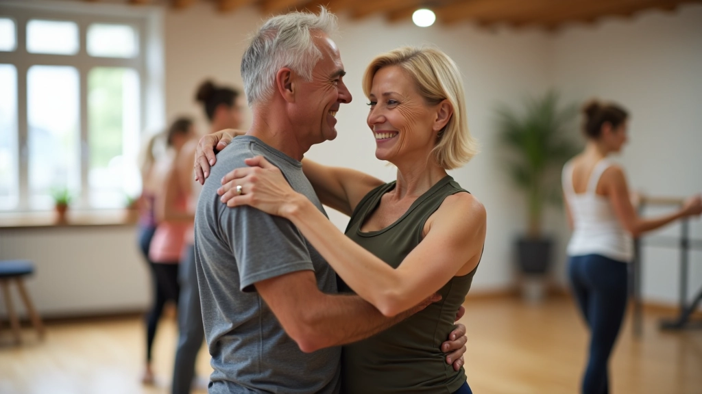 Two mature dancers in a proper dance hold position, demonstrating correct partner dancing posture and frame