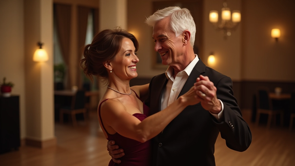 Two mature dancers performing salsa turn combination with confident expression and proper frame