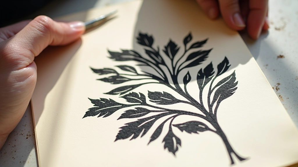 Beginner linocut print featuring bold botanical leaf design in black ink on cream paper