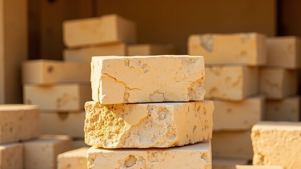 Raw blocks of warm honey-toned Portuguese limestone arranged in a workshop, showing the natural color variation and grain patterns typical of Alentejo stone