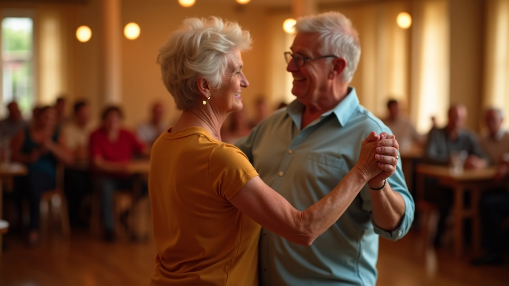 Group of mature adults dancing salsa together in a bright community hall