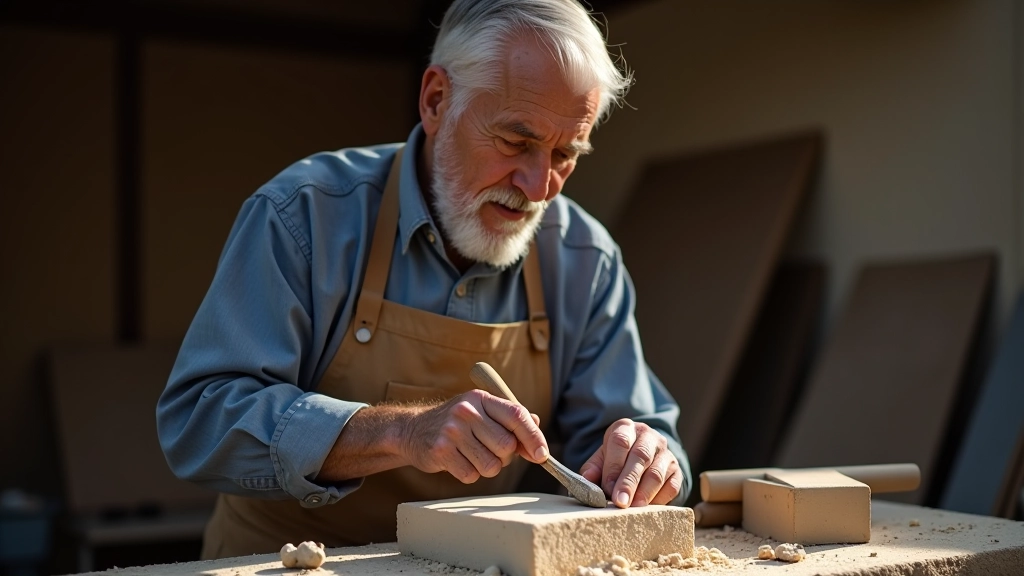Senior artist carving stone sculpture in natural light studio workshop