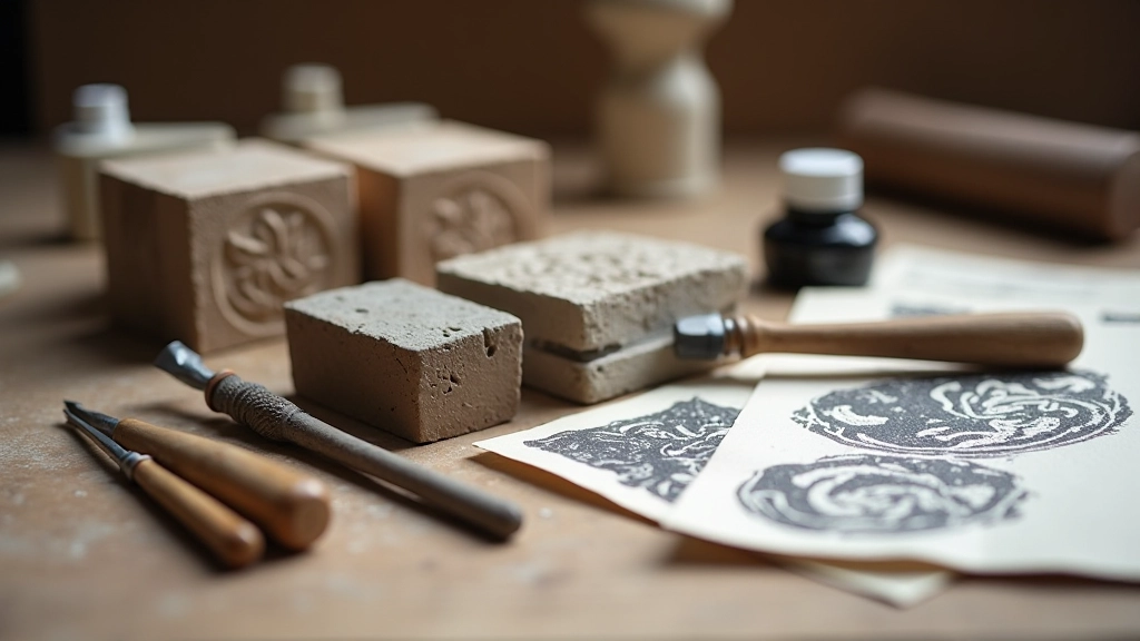 Organized arrangement of linocut tools including carved blocks, gouges, ink roller, and printed samples on wooden surface