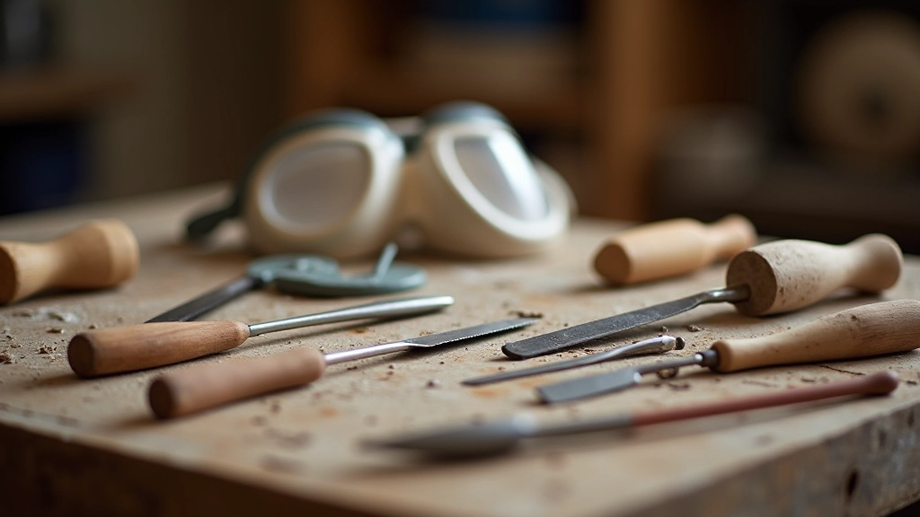 Organized collection of stone carving tools including various chisels with different tip widths, wooden mallets, safety goggles, and dust mask arranged on a workbench